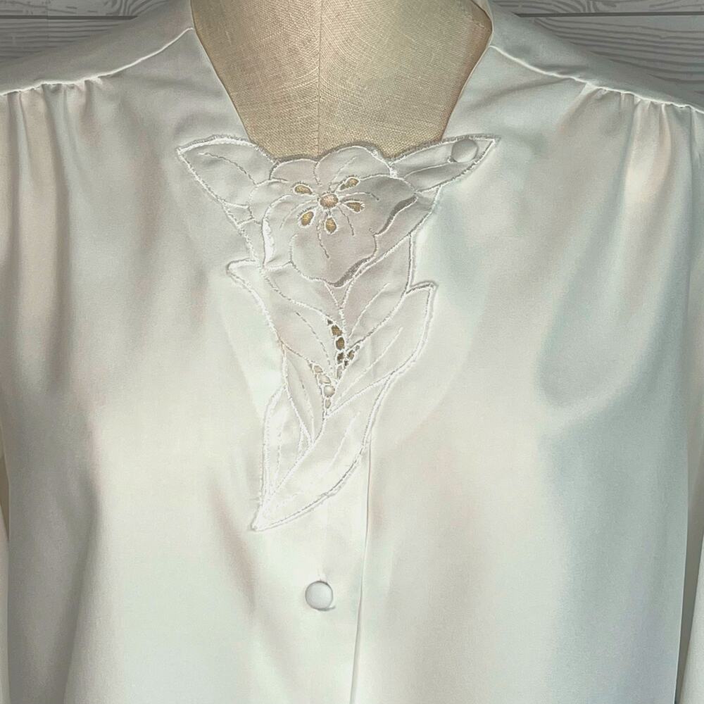 Vintage 80s Angela Pellino White Lace Eyelet Blouse M Cottagecore Coquette